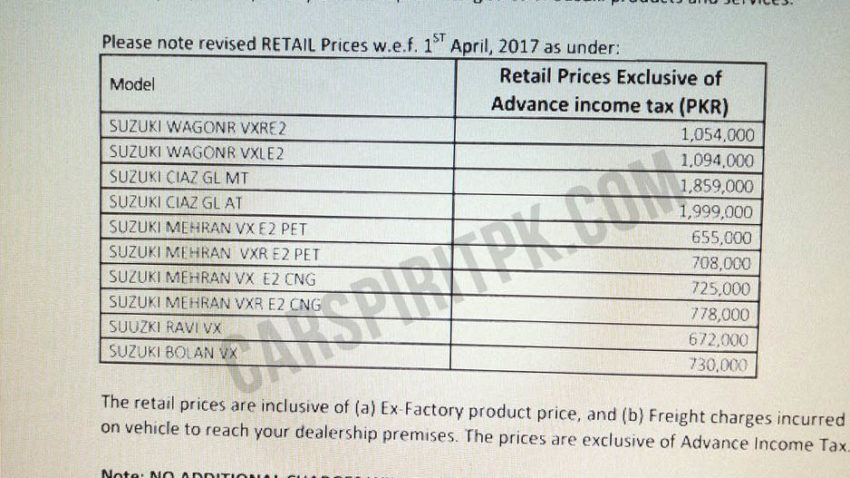 Pak Suzuki Increase Prices From 1st April 2017 1